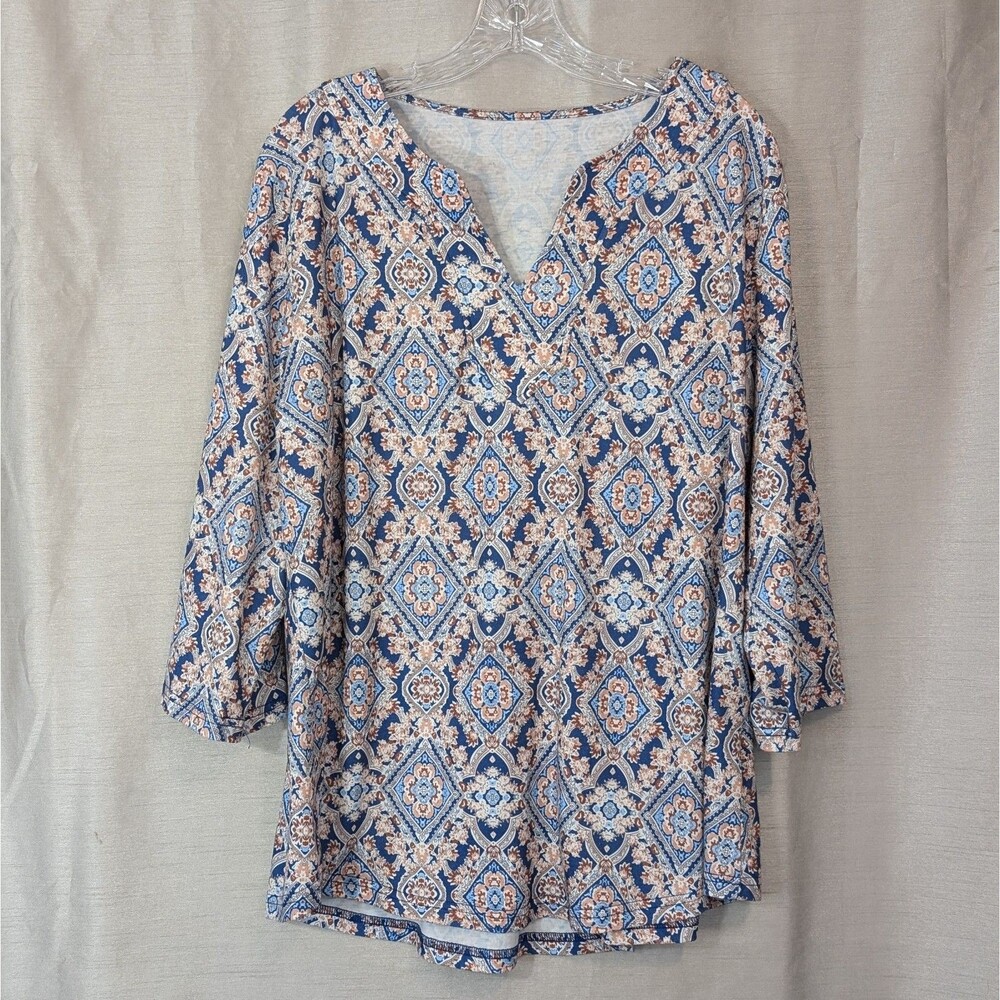 Romanstii Women's 2XL Tunic Bohemian Floral Geometric Print Long Sleeve V-Neck